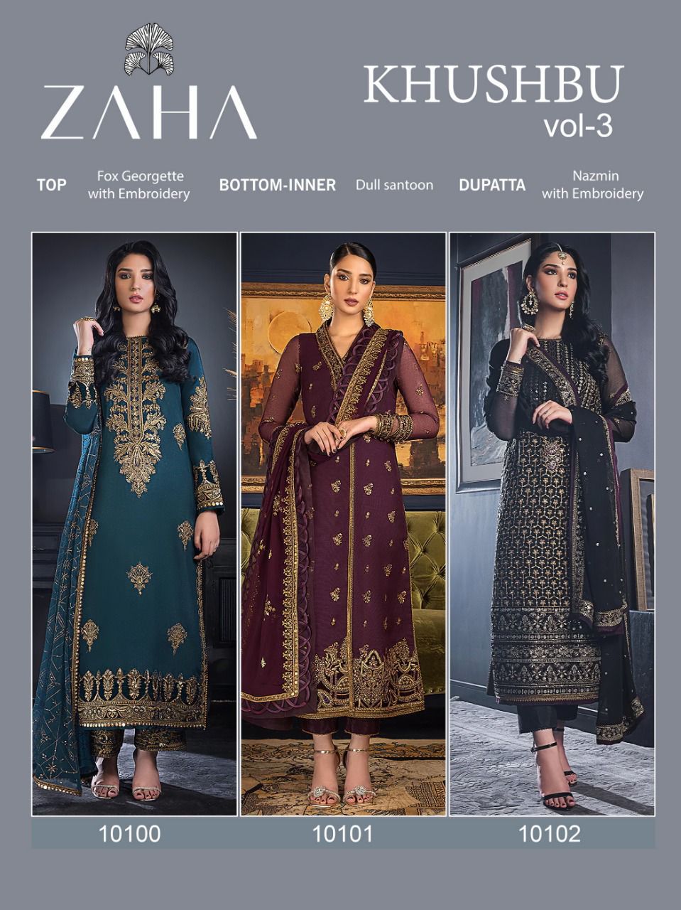 zaha khushboo vol 3 d no 10100 10101 10102 georgette regal look salwar suit catalog