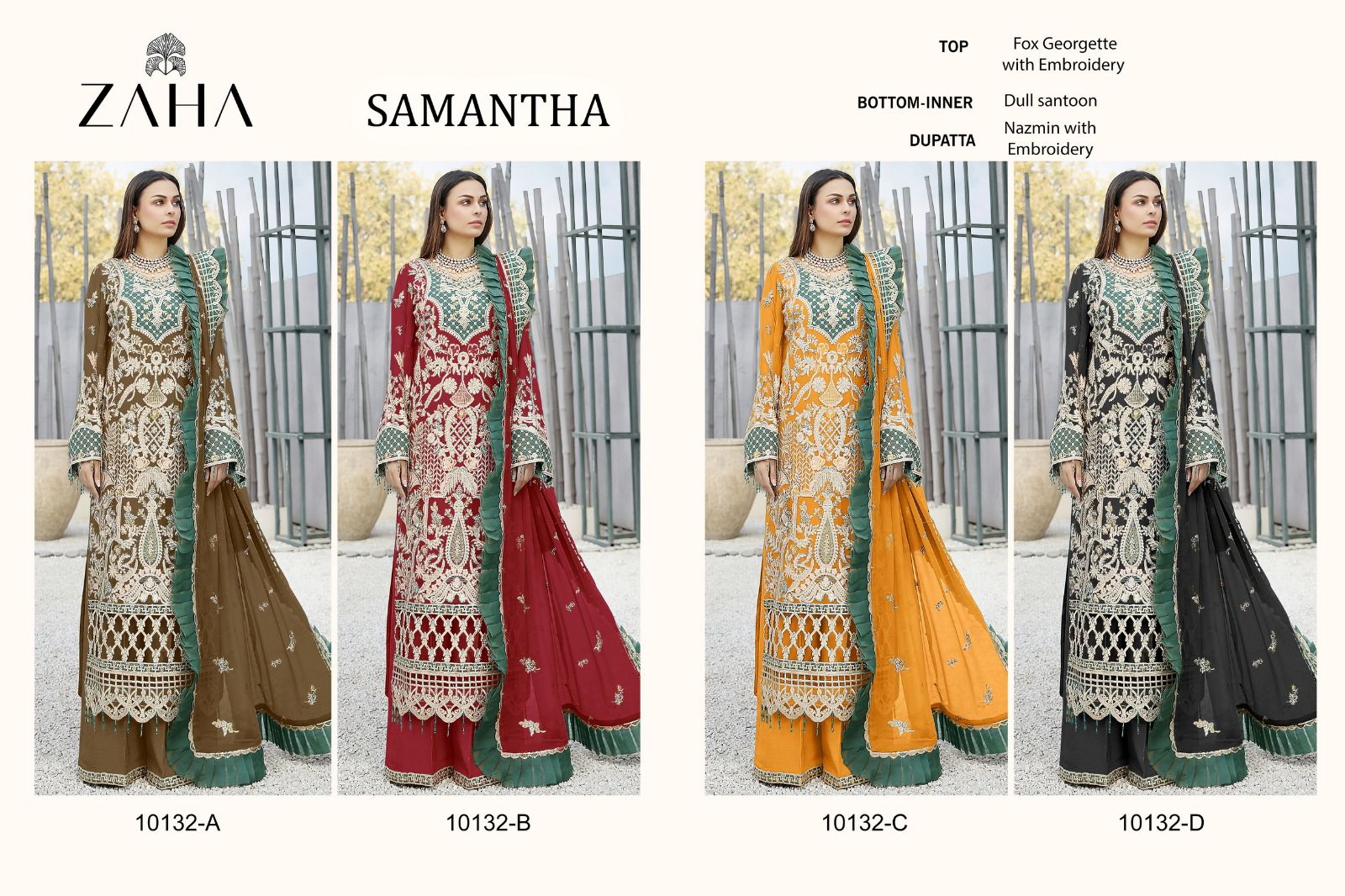 zaha samantha vol 1 d no 10132 a B c d georgette regal look salwar suit catalog