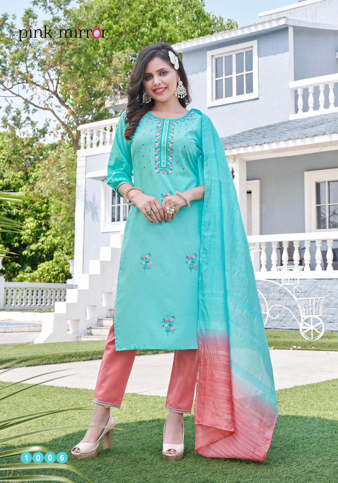 pink mirror poetry silk attractive look top pant with dupatta catalog