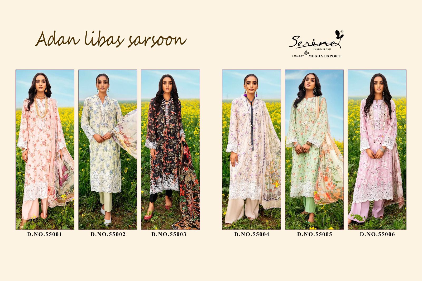 serine Megha Exports adan libas sarsoon lawn cotton decent look salwar suit chiffon dupatta catalog