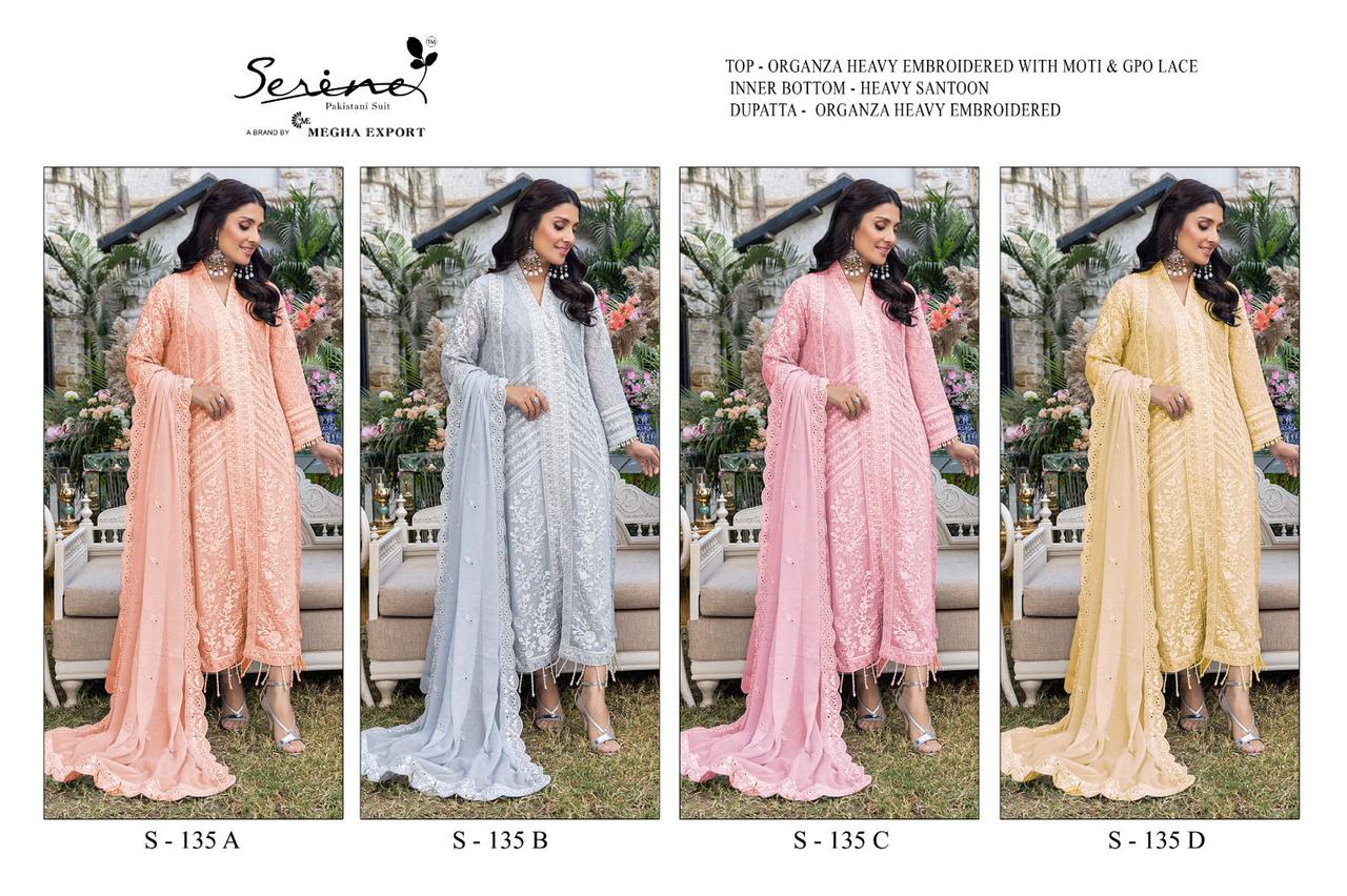 serine Megha Exports S 135 A TO D organza heavy look salwar suit catalog