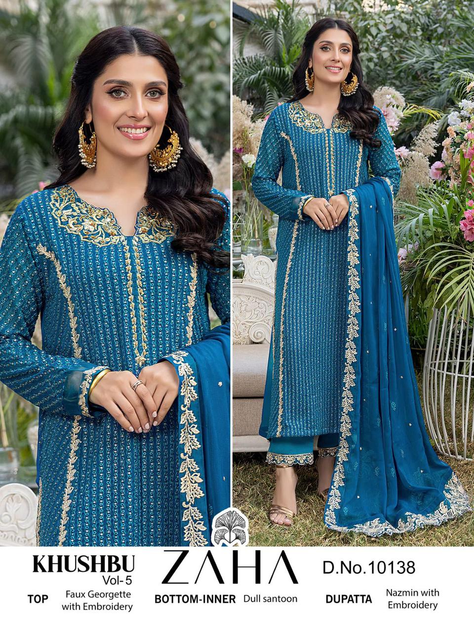 zaha khushboo 5 d no 10137 1038 10139 georgette regal look salwar suit catalog