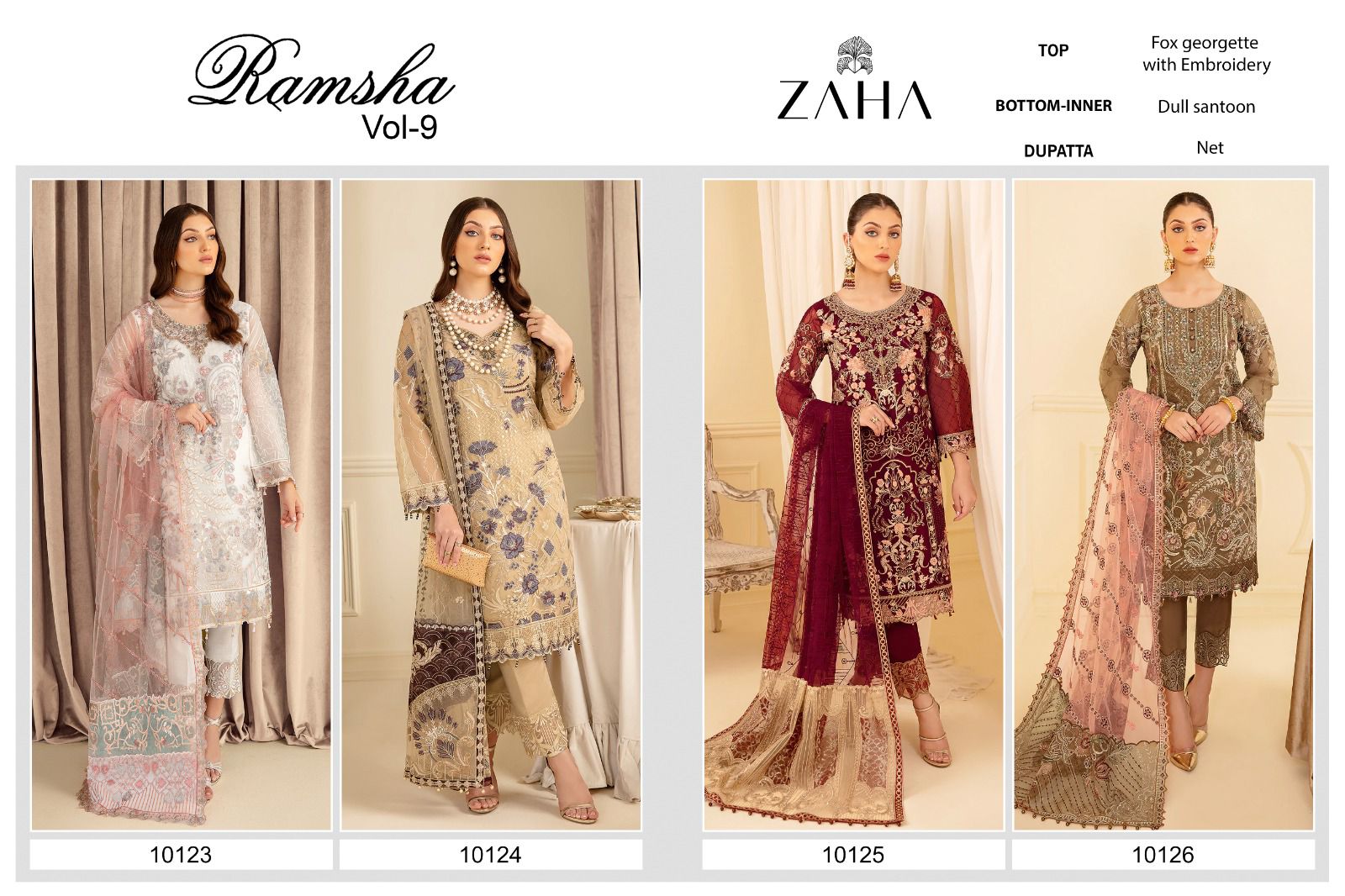 zaha ramsha vol 9 d no 1023 1024 1025 1026 georgette catchy look salwar suit catalog