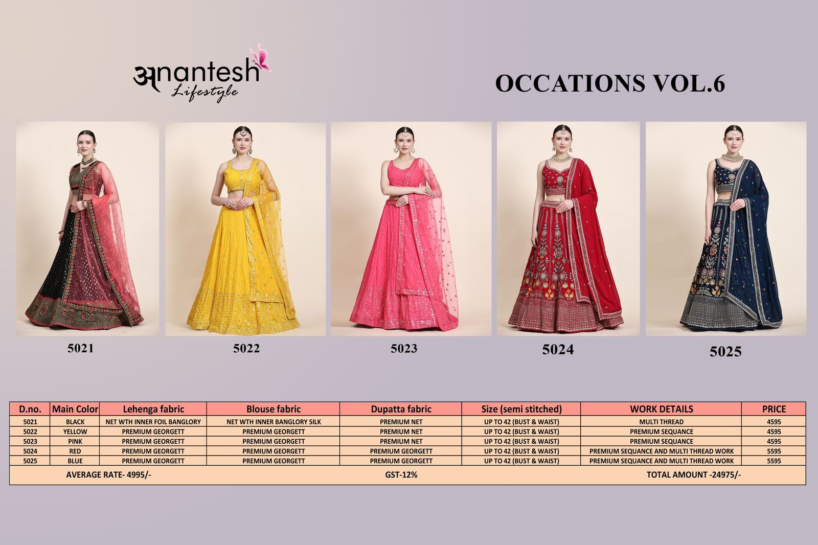 anantesh lifestyle occasions vol 6 serices 5021 to 5025 georgette elegant look lehenga calatog