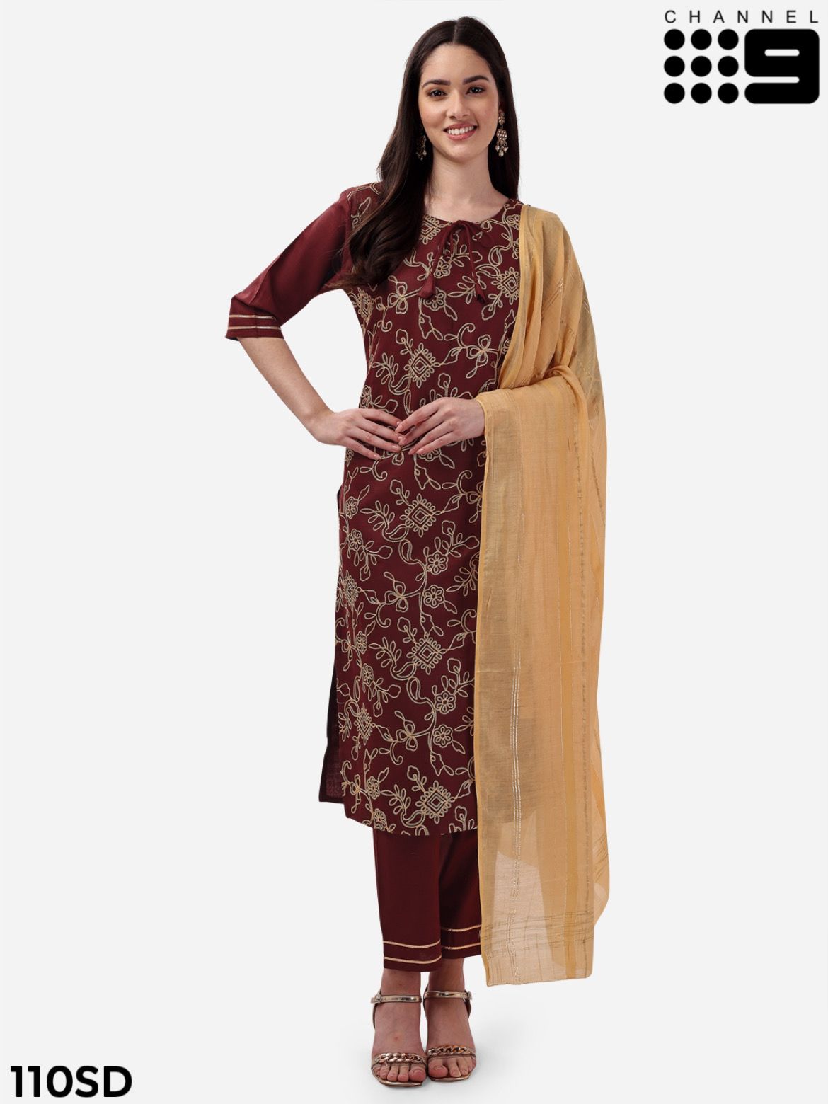 channel 9 d no sku 108sd to 110sd  cotton decent embroidery look top bottom with dupatta size set
