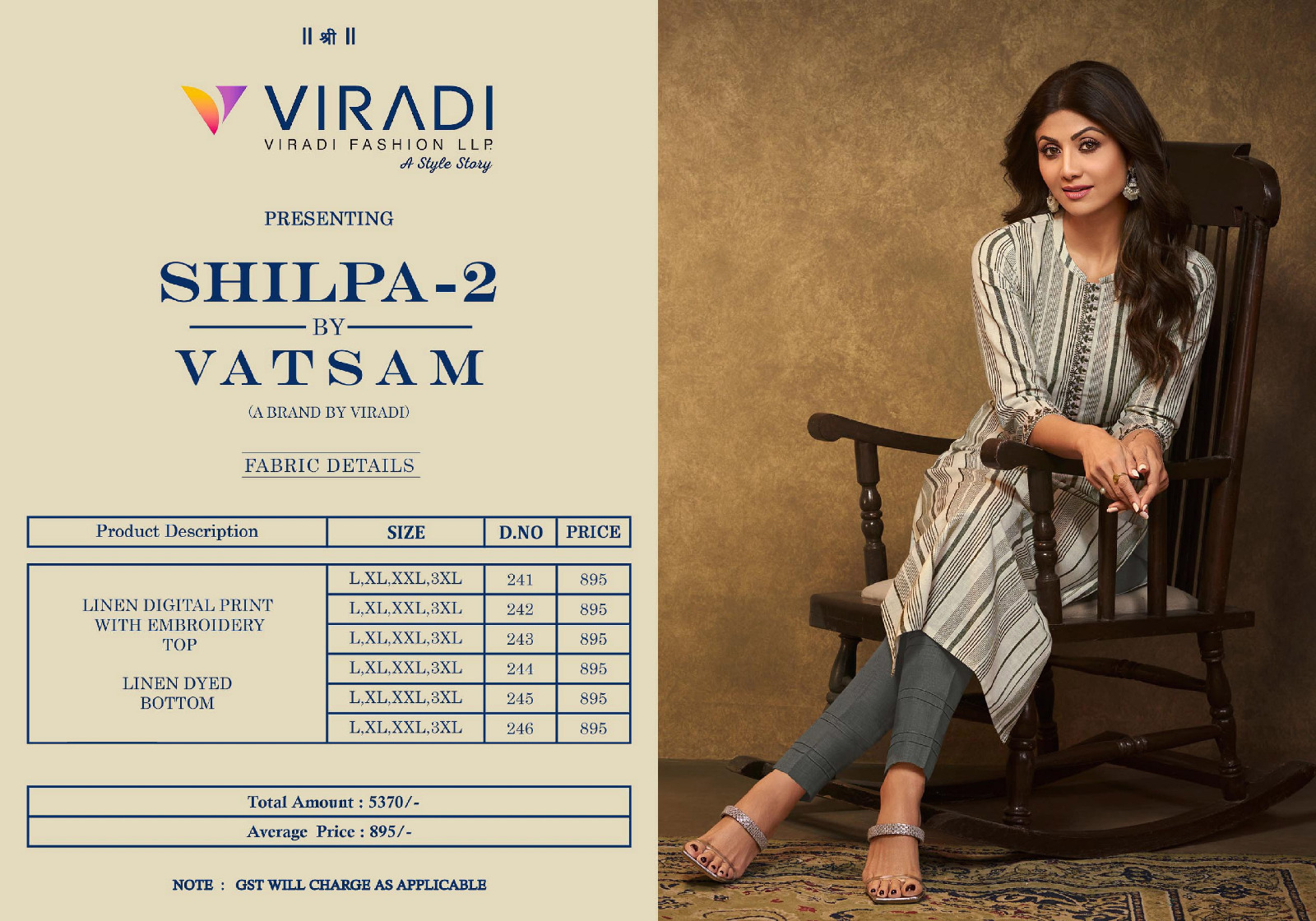 viradi fashion vastam shilpa 2 linen decent embroidery look top with bottom catalog