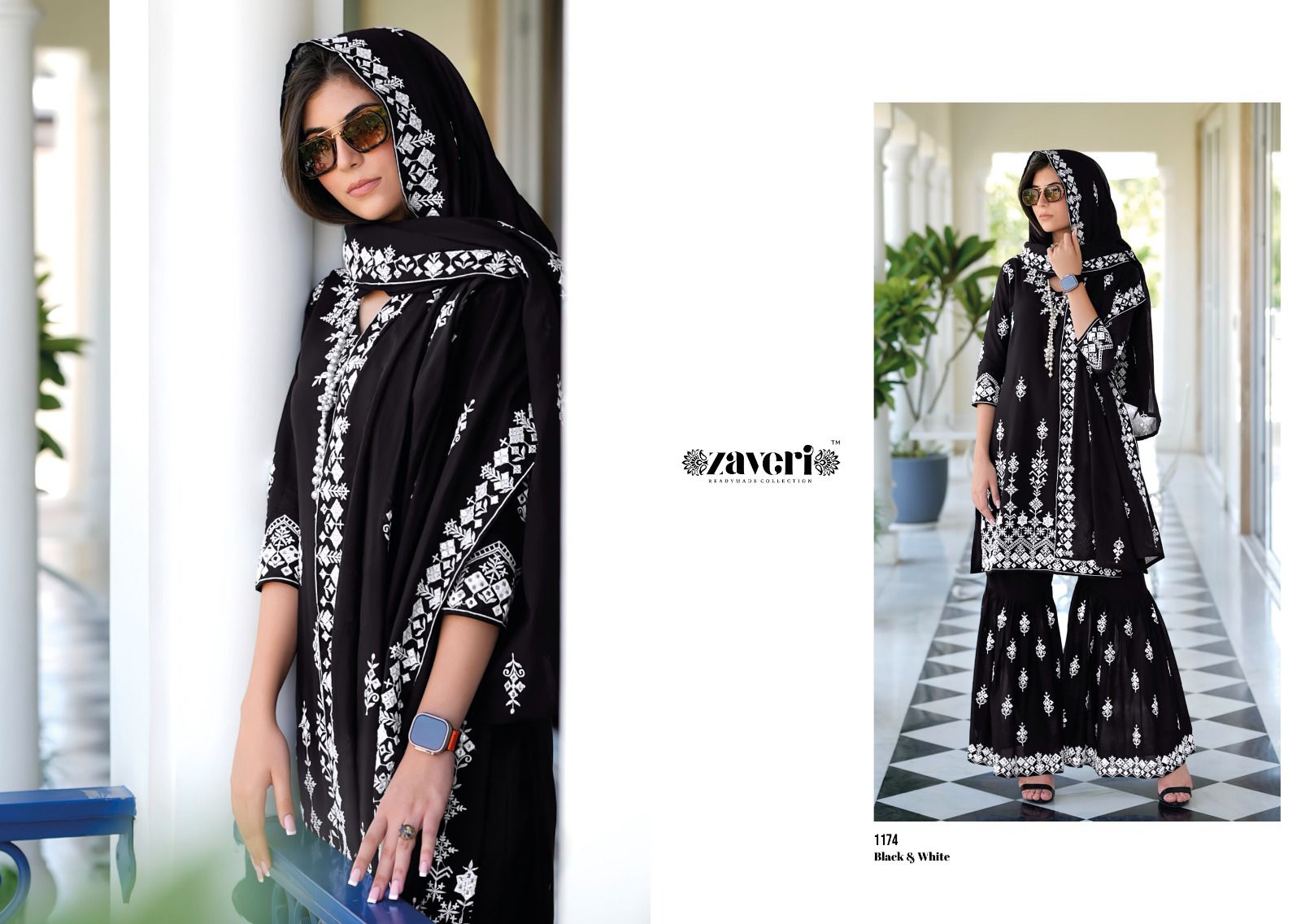 Zaveri Black And White malmal cotton exclusive look top pant with dupatta catalog