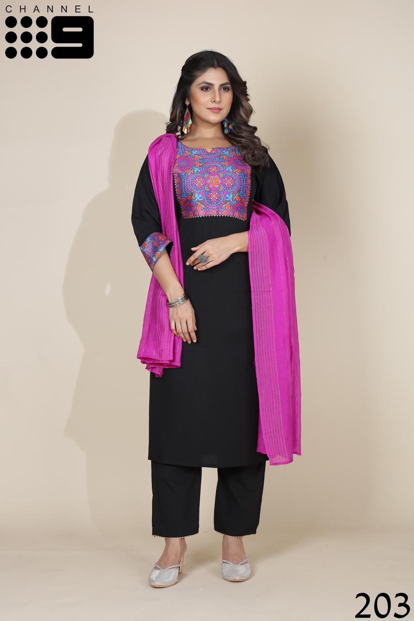 channel 9 sku 201sd to 204sd  crape catchy look top bottom with dupatta catalog
