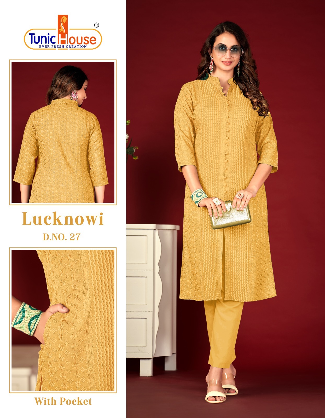 tunic house Lucknowi Lining viscose rayon attrective look kurti size set