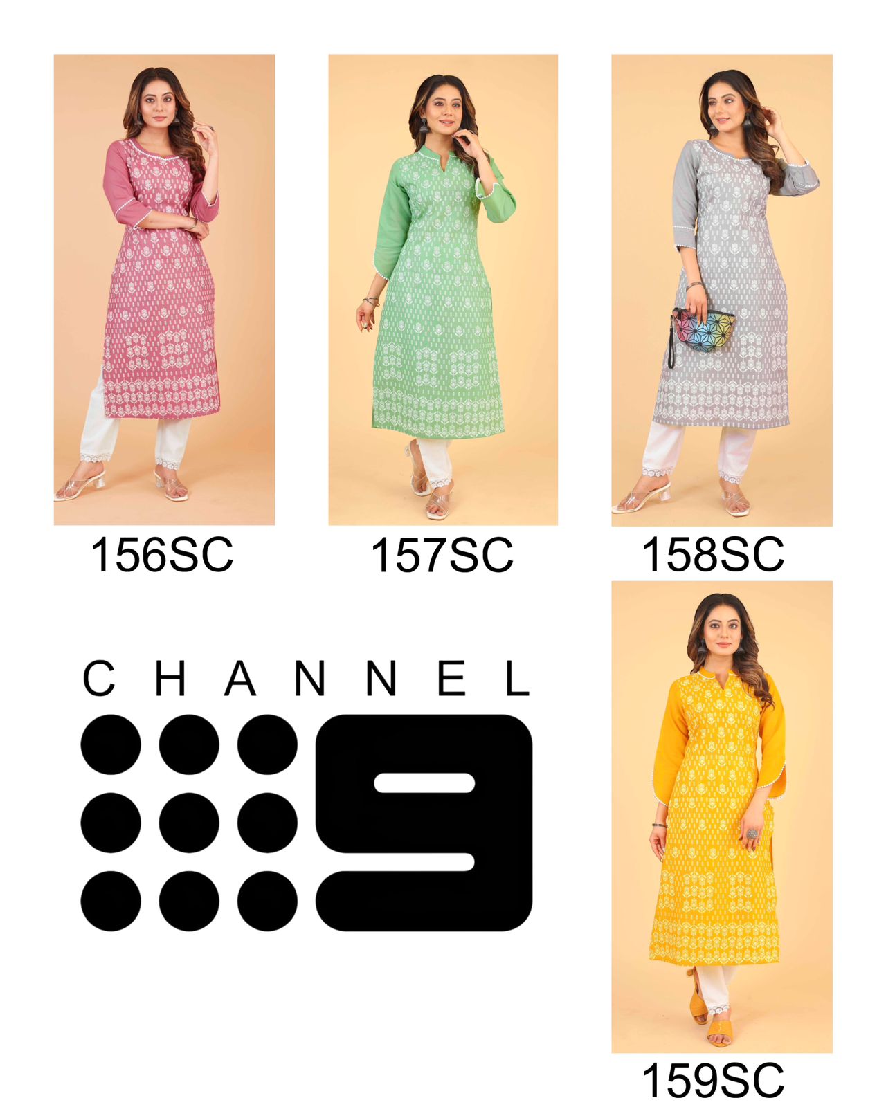 channel 9 sku 156 sc to 159 sc  cotton exclusive embroidery look top bottom with dupatta catalog