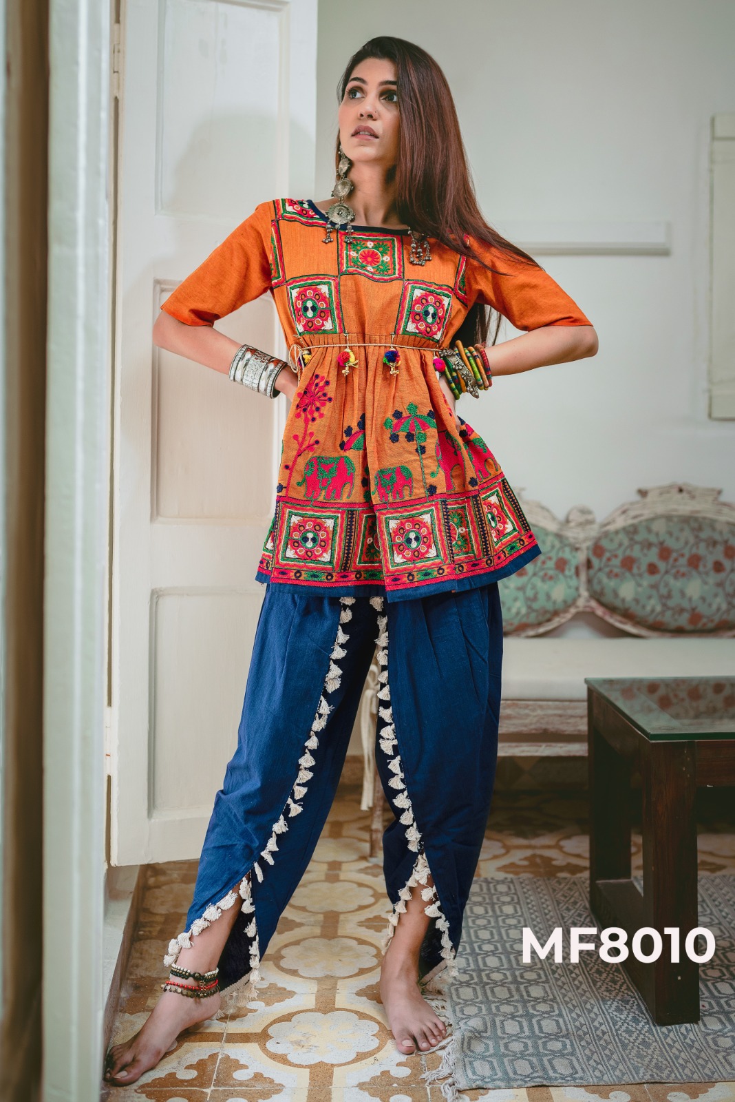 Mesmora kath putli colorful heavily embroidered innovative look kedia and tulip pants catalog