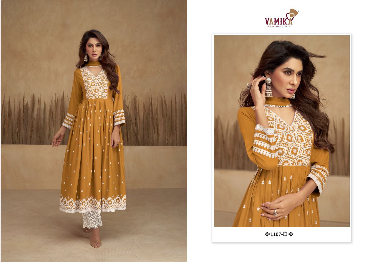 vamika Aadhira Vol 5 Gold D No1107F To 1107J rayon viscose attrective look kurti pant with dupatta catalog