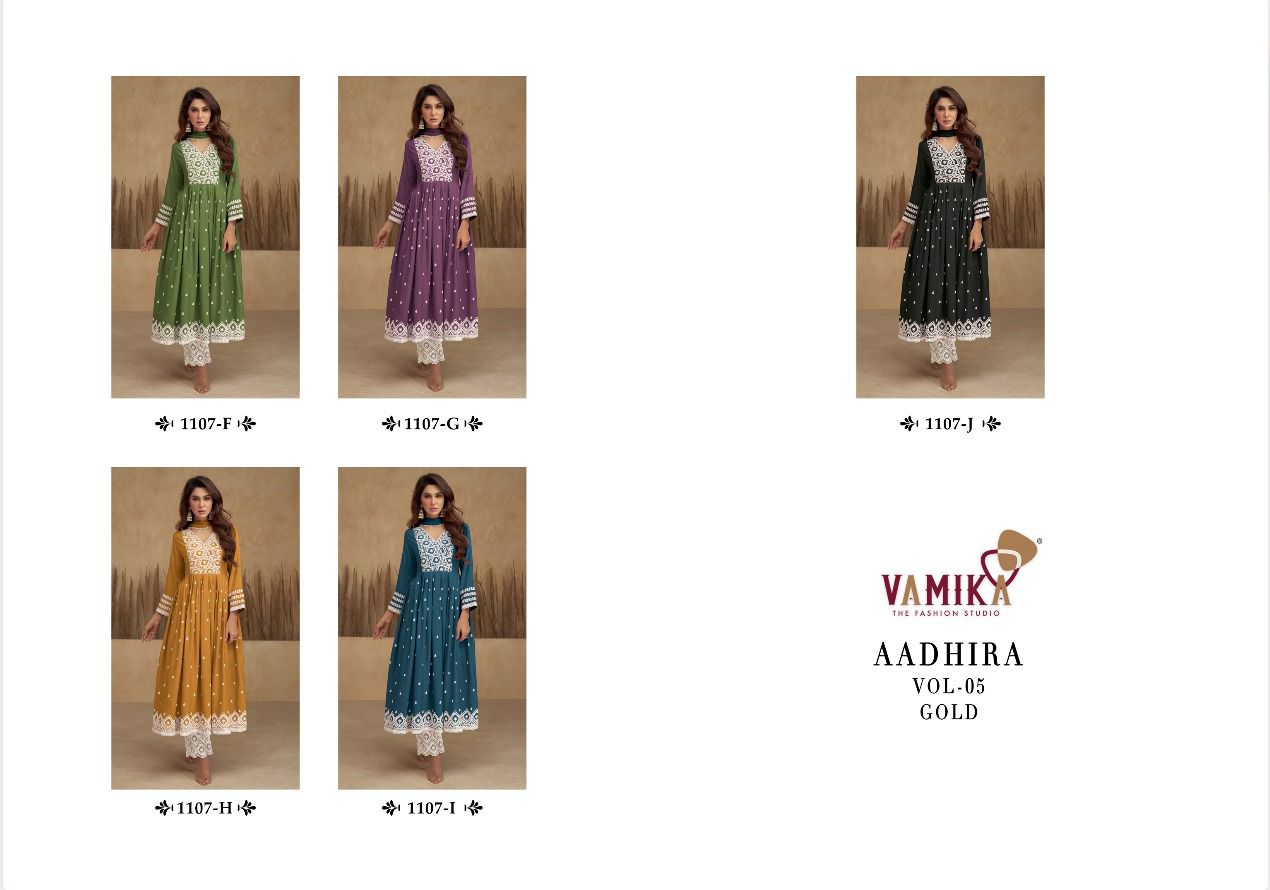vamika Aadhira Vol 5 Gold D No1107F To 1107J rayon viscose attrective look kurti pant with dupatta catalog