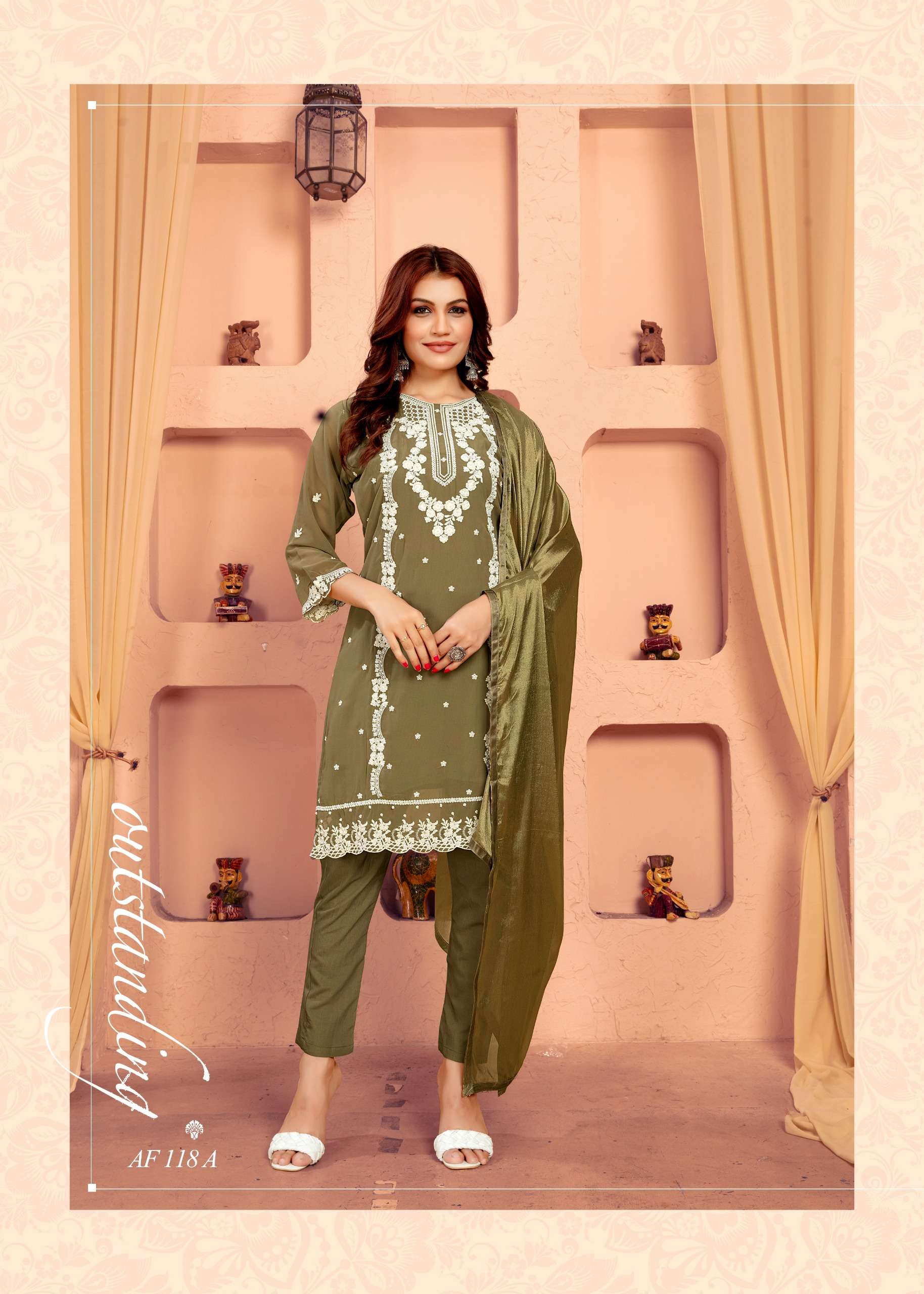 afsana d no 118 gorgette exclusive embroidery look top bottom with dupatta size set