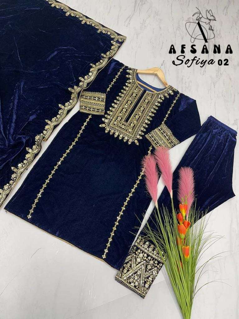 afsana sofiya 02 d no 2029 b 9000 velvet decent look top bottom with dupatta size set