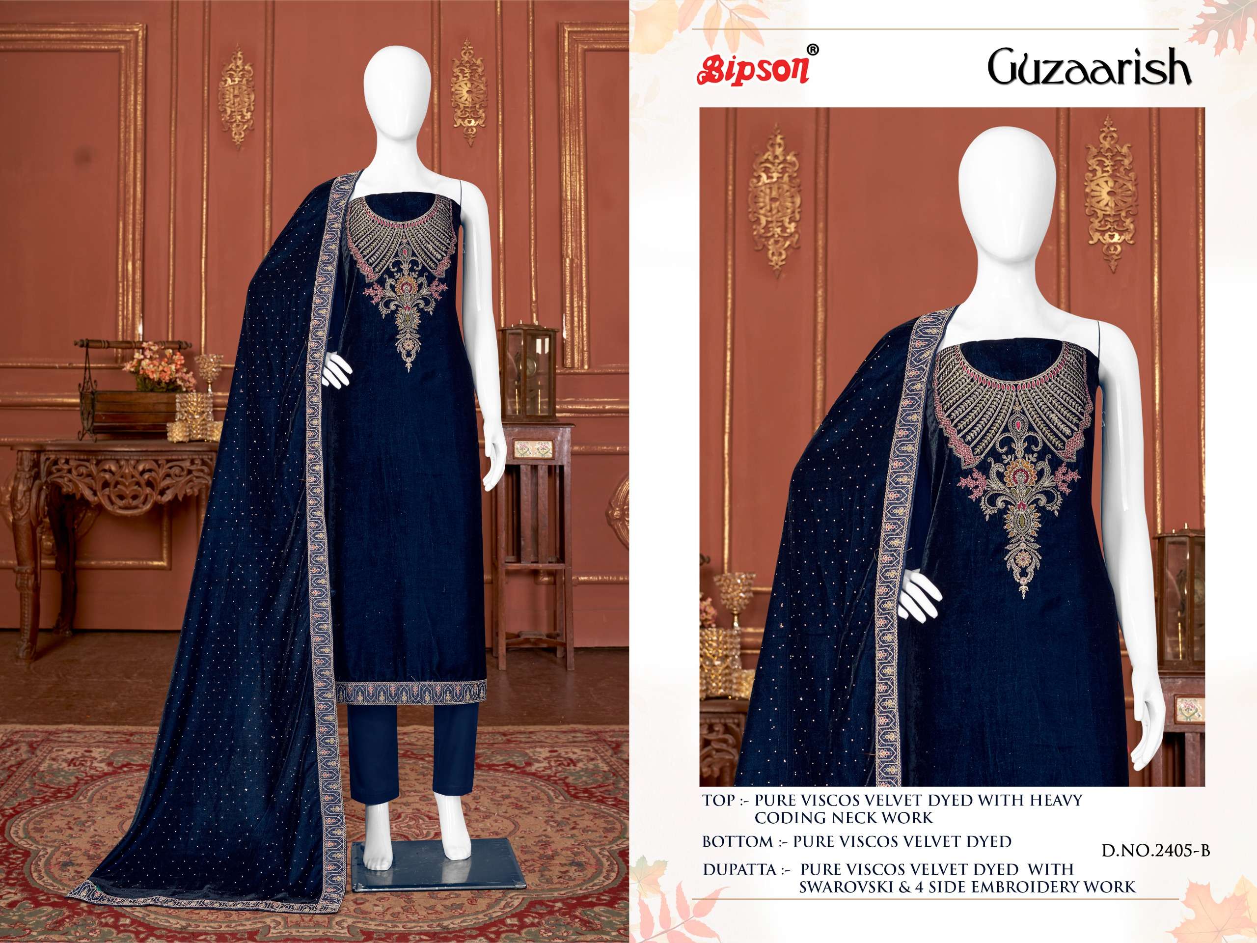 bipson  guzaarish 2405 viscose velvet print attrective look salwar suit catalog