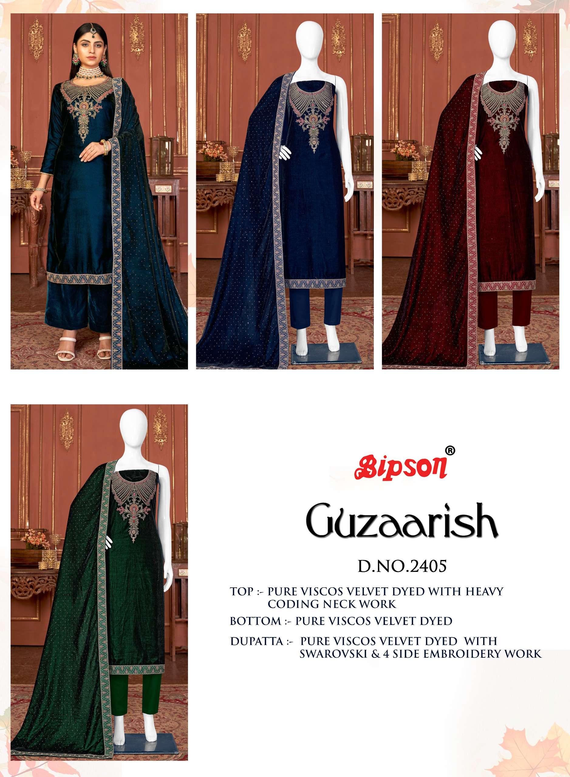 bipson  guzaarish 2405 viscose velvet print attrective look salwar suit catalog