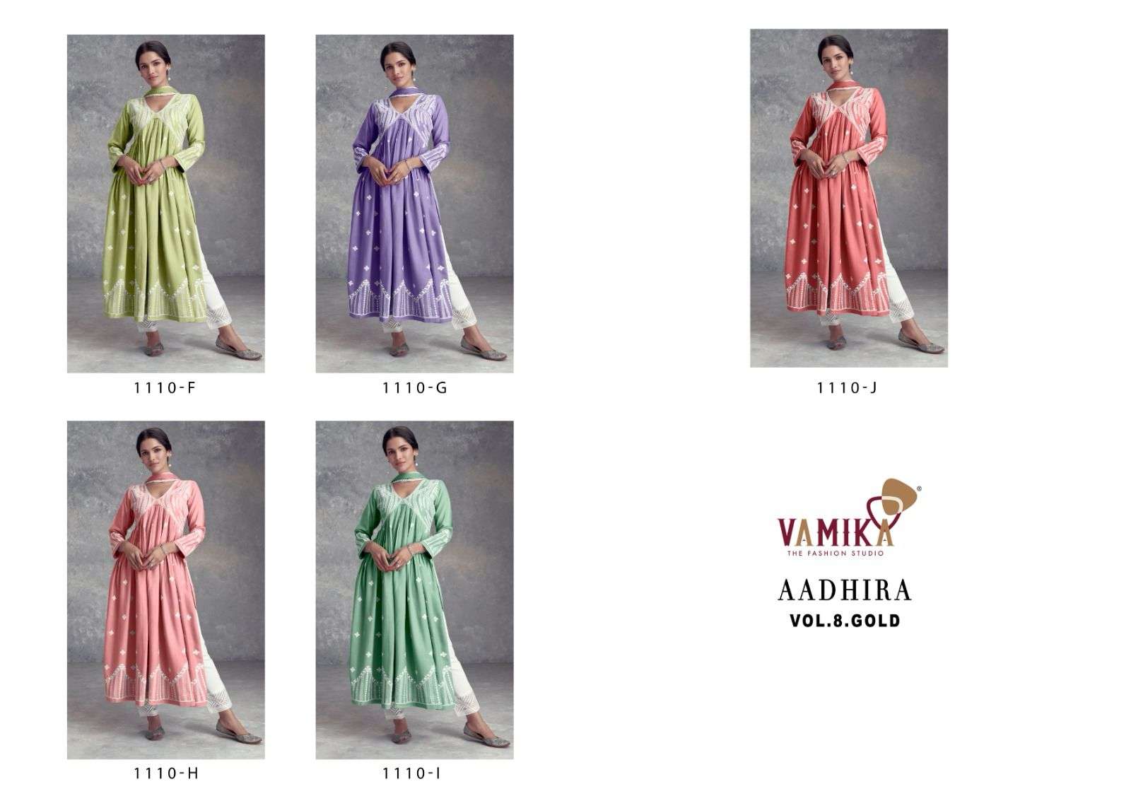 vamika aadhira vol 8 gold reyon viscose attrective look top pant with dupatta catalog
