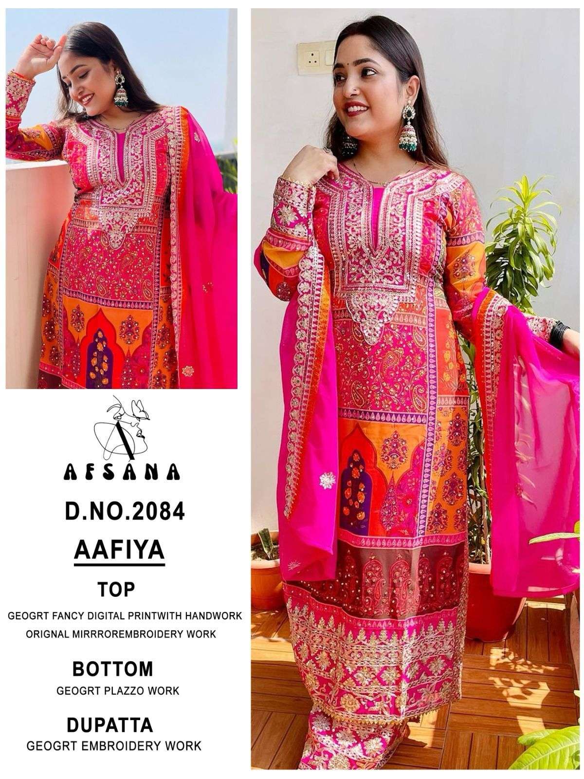 afsana aafiya d no 2084 georgette regal look top bottom with dupatta size set