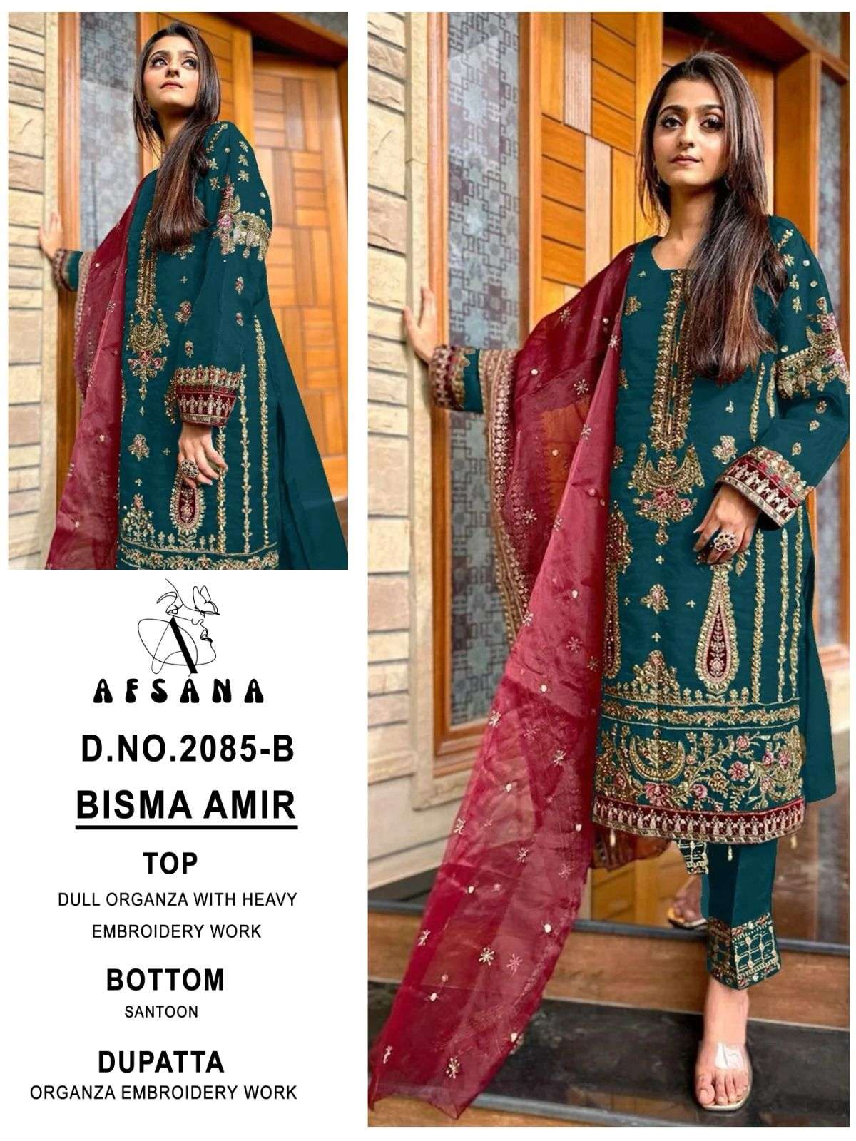 afsana bisma amir d no 2085 organja decent embroidery look top bottom with dupatta size set