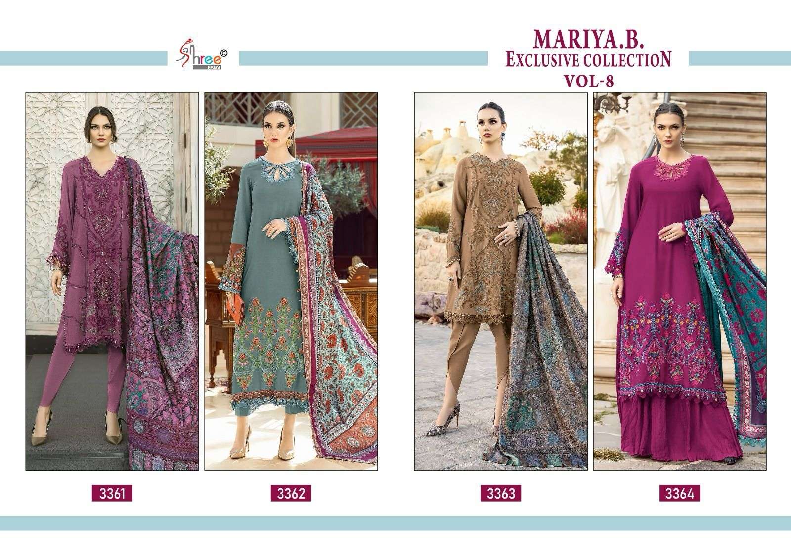 shree fabs maria b exclusive collection vol 8 rayon attrective look salwar suit with silver duaptta catalog