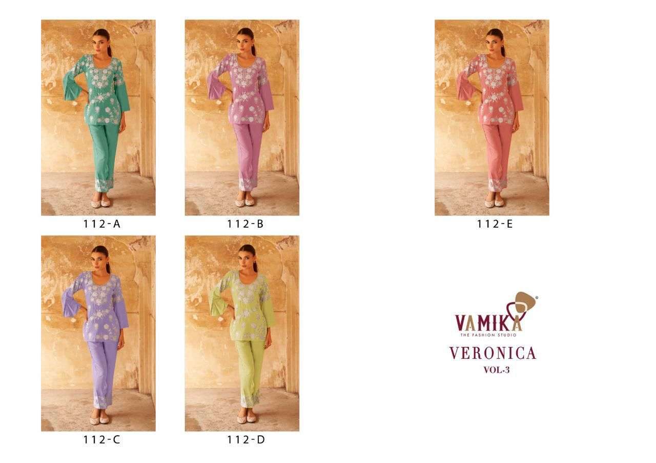 vamika verona  D NO 112A To 112D reyon  attrective look top pant with dupatta catalog