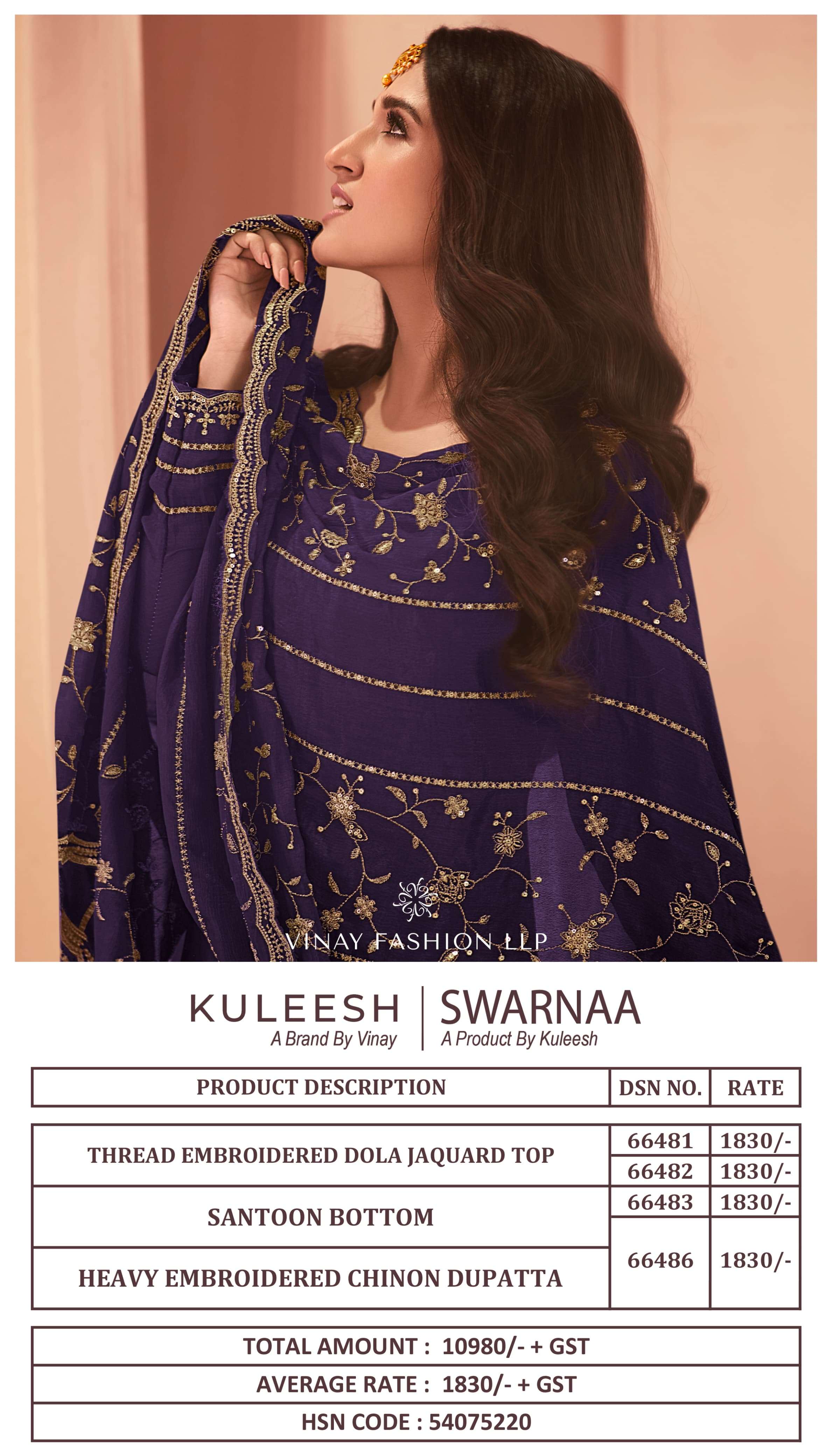 vinay fashion  kuleesh swarnaa hitlist dola jaquard decent embrodry look salwar suit catalog