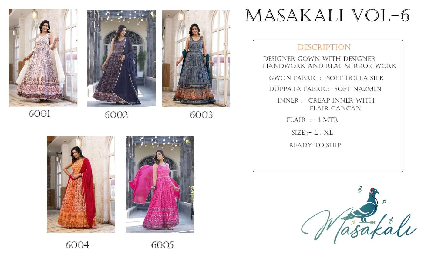 virasat masakali vol 6  soft dola attrective look gown and dupatta catalog