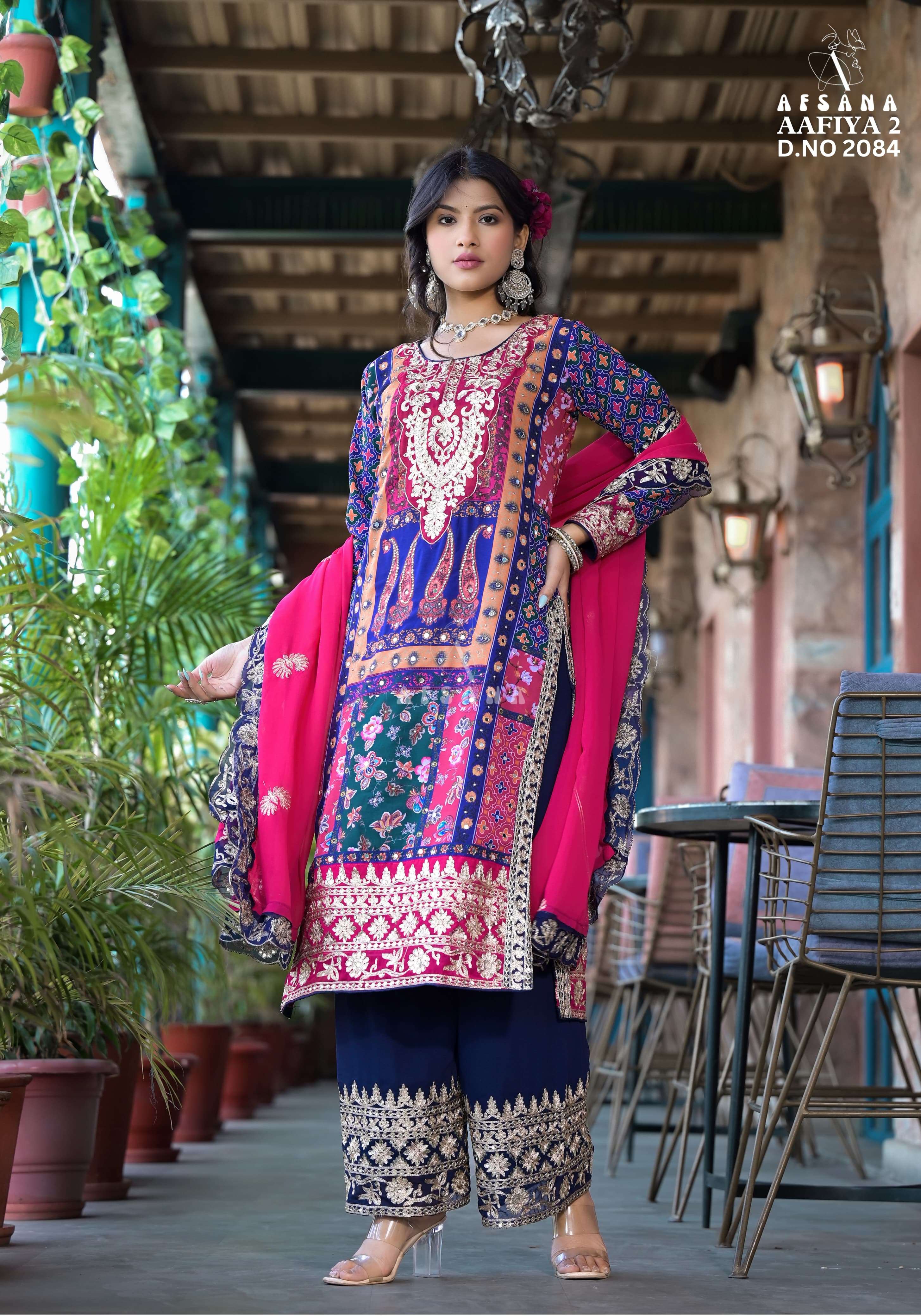 afsana aafiya 2 d no 2084 innovative embroidery look top bottom with dupatta size set