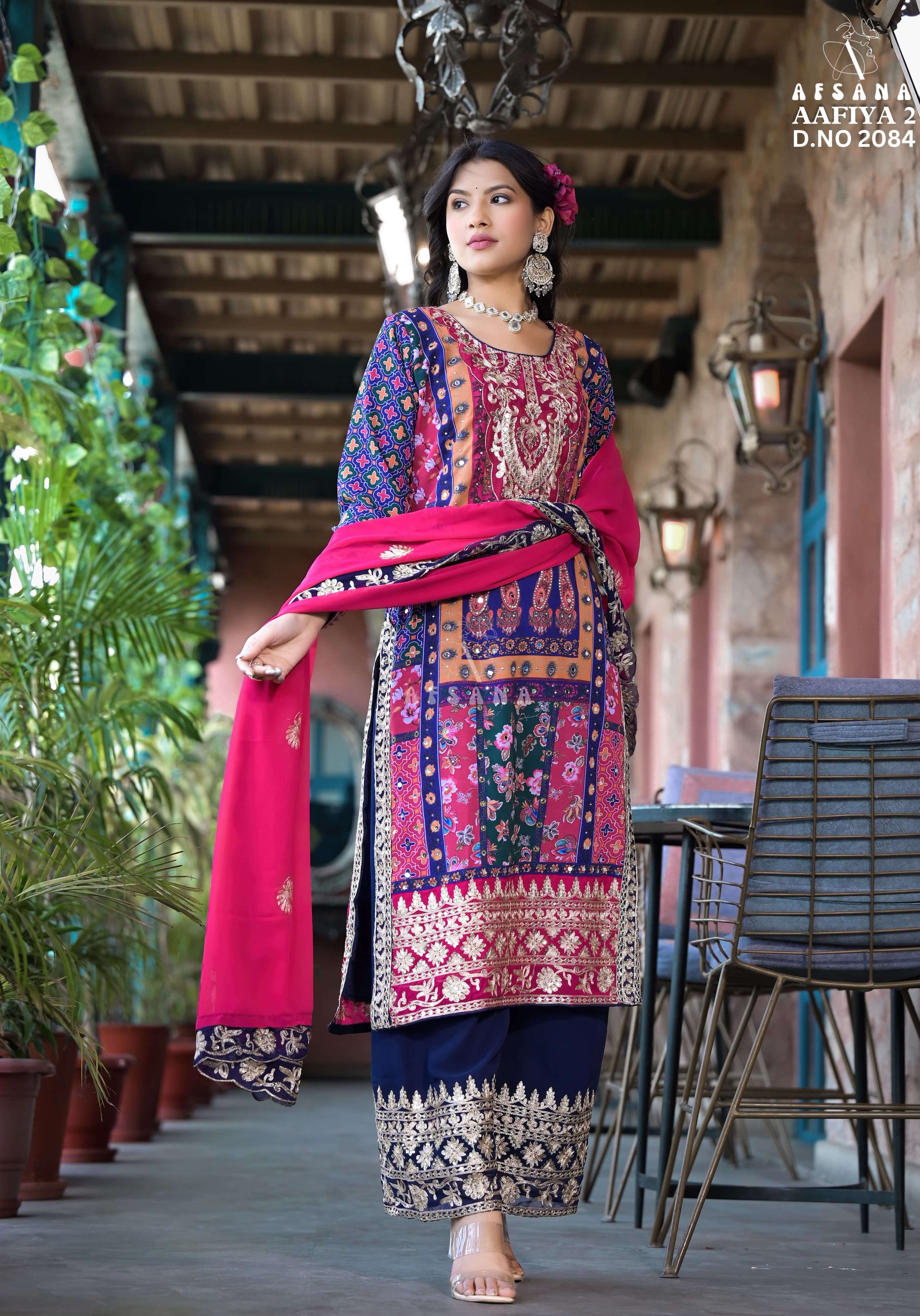 afsana aafiya 2 d no 2084 innovative embroidery look top bottom with dupatta size set