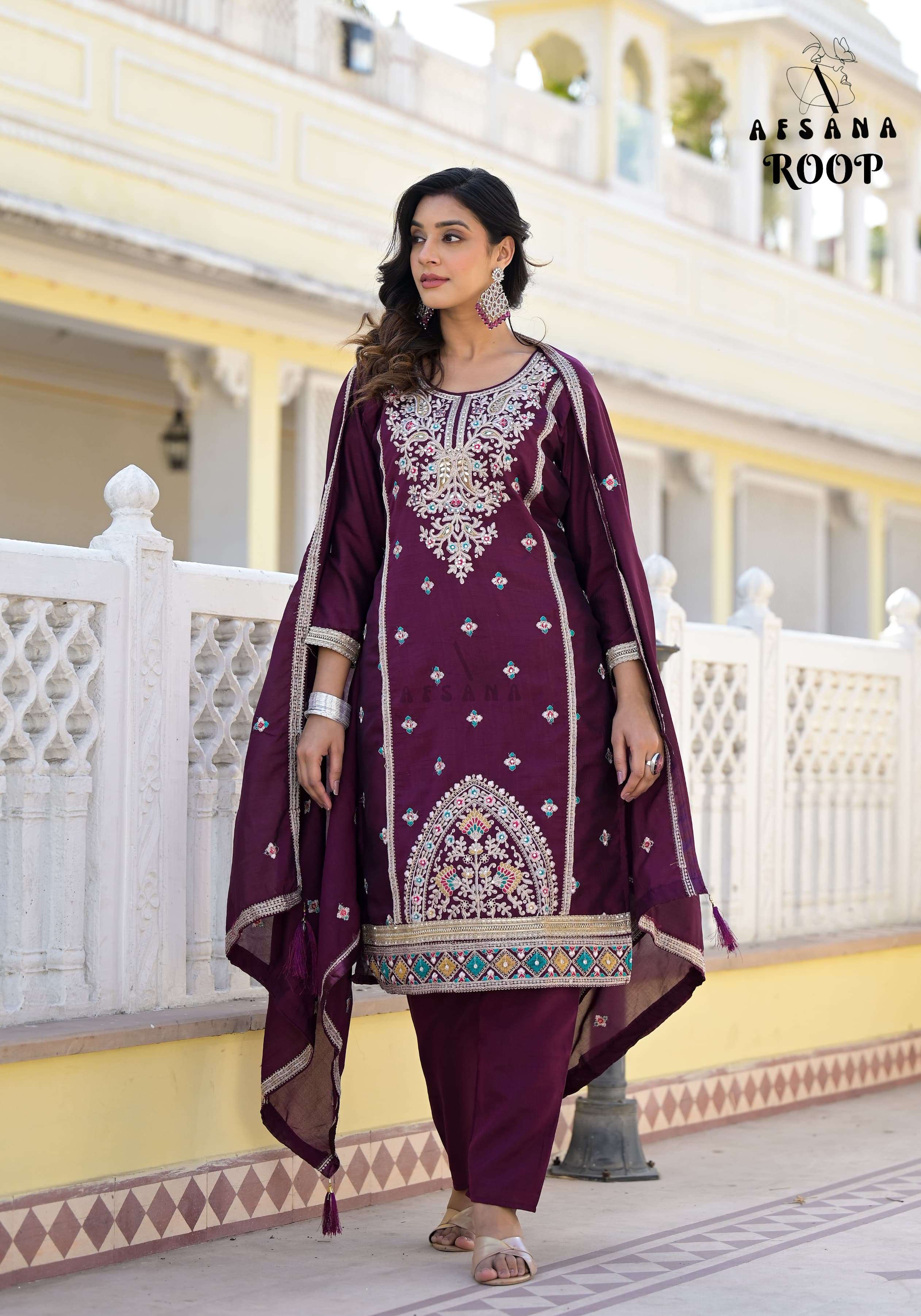 afsana roop vichitra regal embroidery look top bottom with dupatta size set