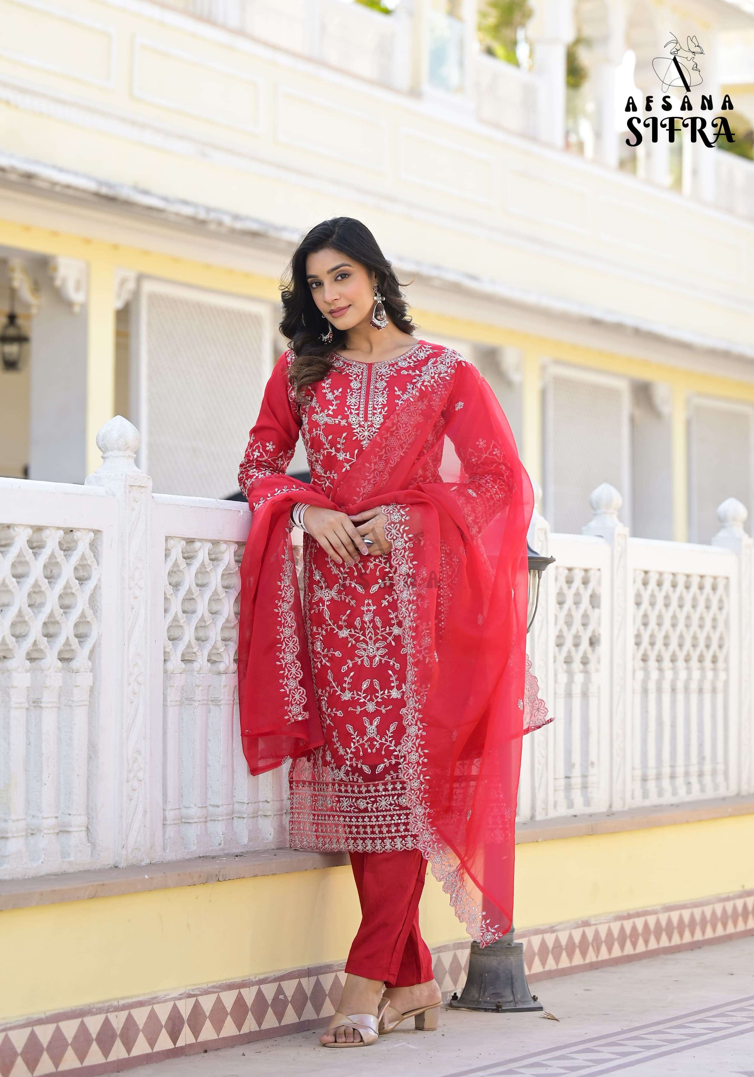 afsana sifra orgenza embroidery look top bottom with dupatta size set