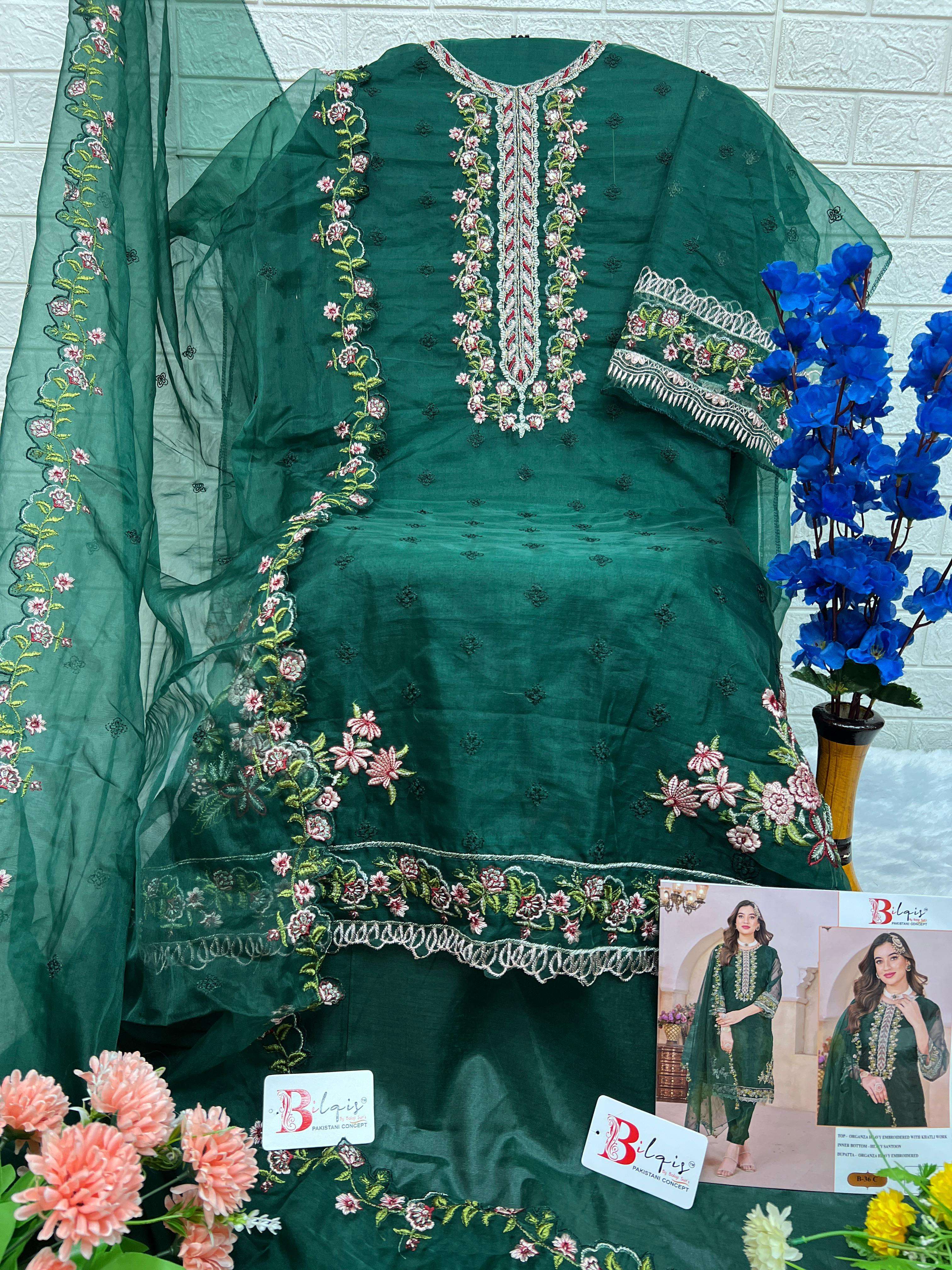 bilqistm D NO  B 36 A TO D organza decent embroidery look salwar suit single