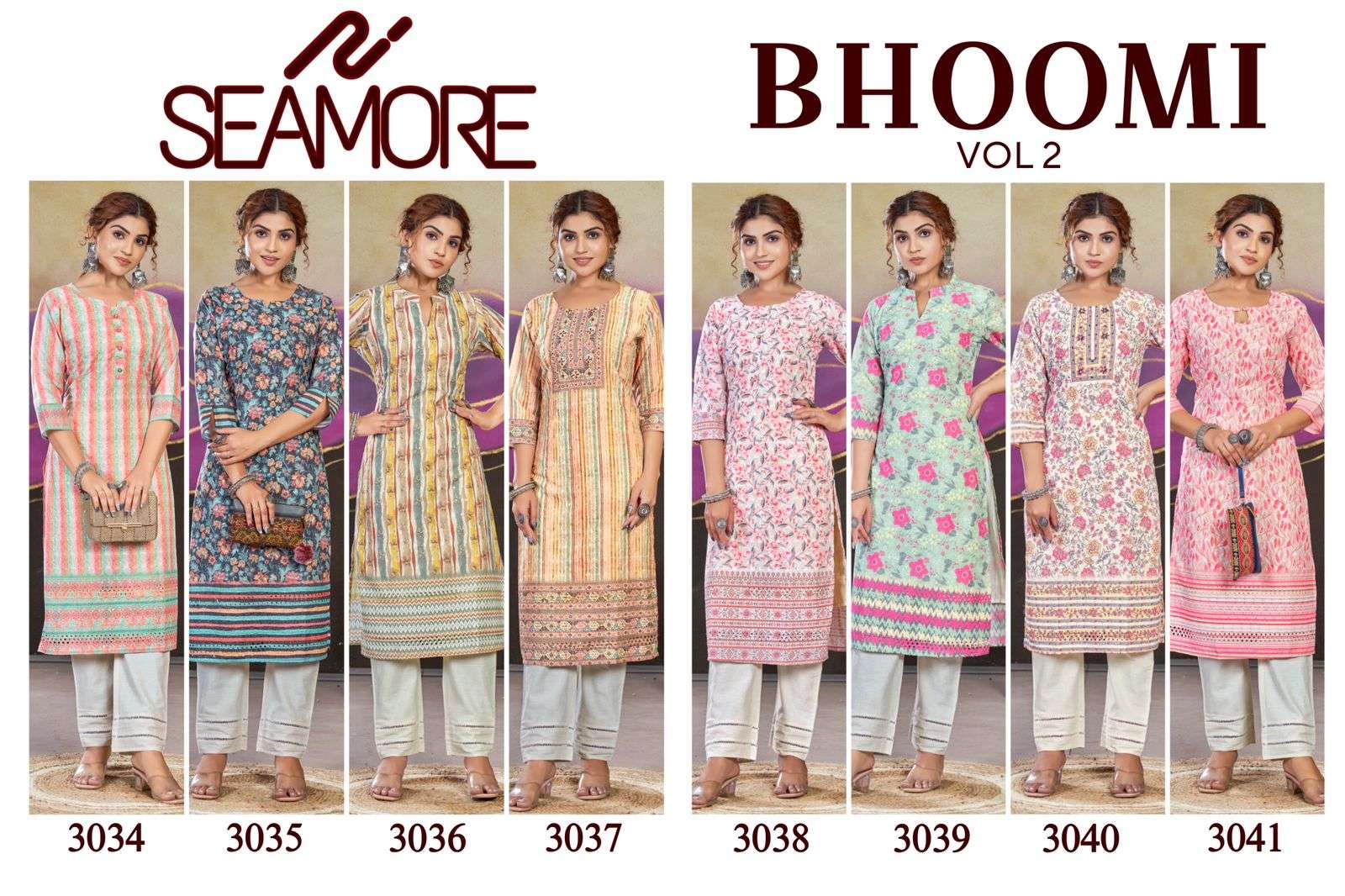 seamore bhoomi vol 2 sku 3034 to 3041 poly cotton elegant kurti catalog