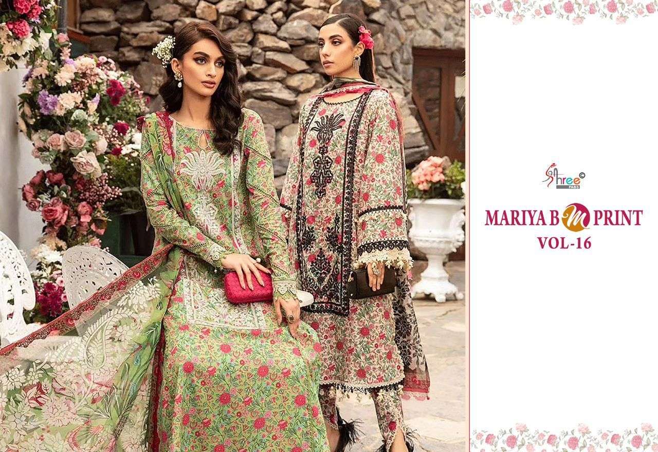 shree fabs maria b m prit vol  16  cotton exclusive print with cotton dupataa salwar suit catalog