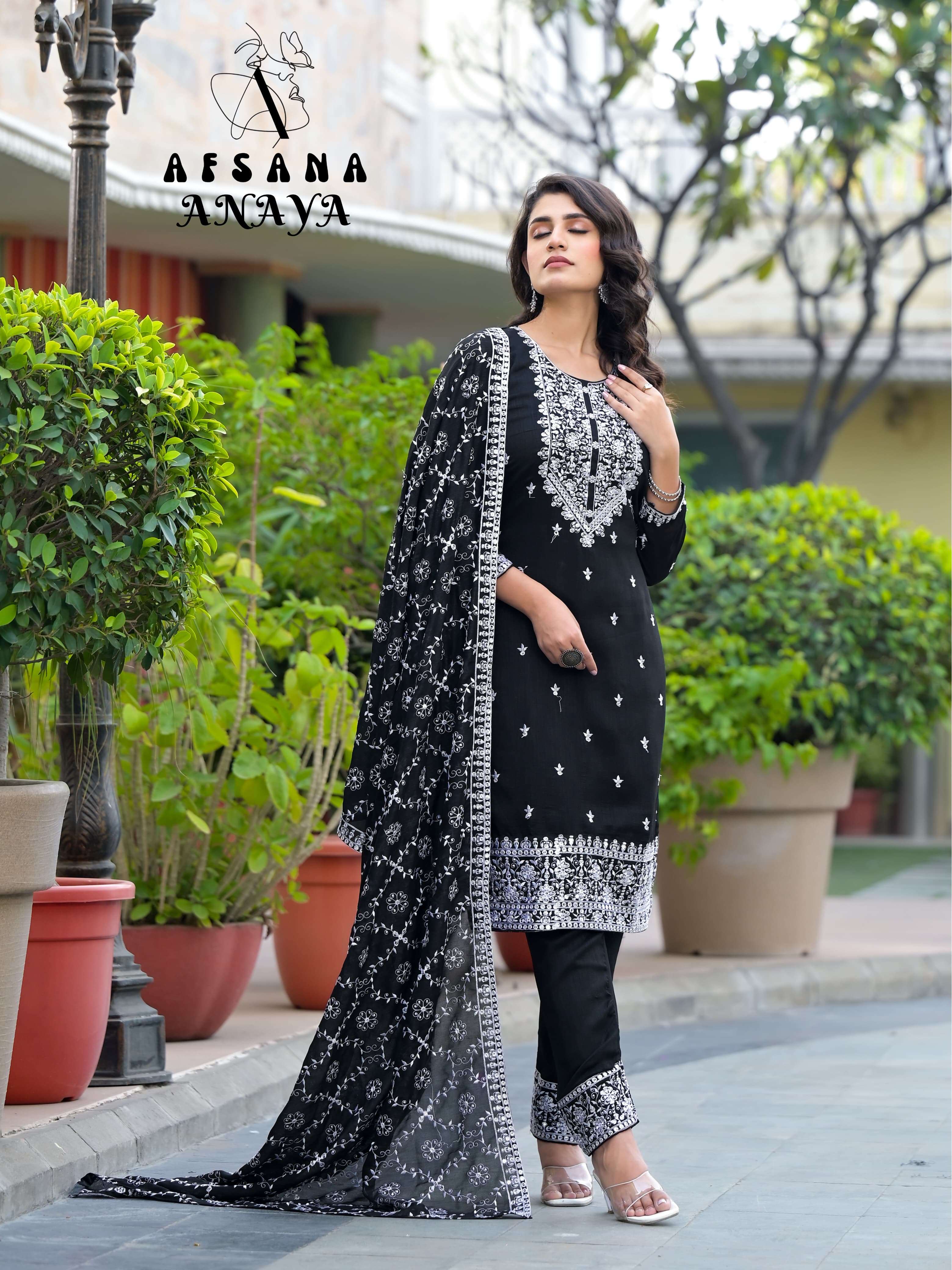 afsana anaya premium silk exclusive embroidery look top bottom with dupatta size set