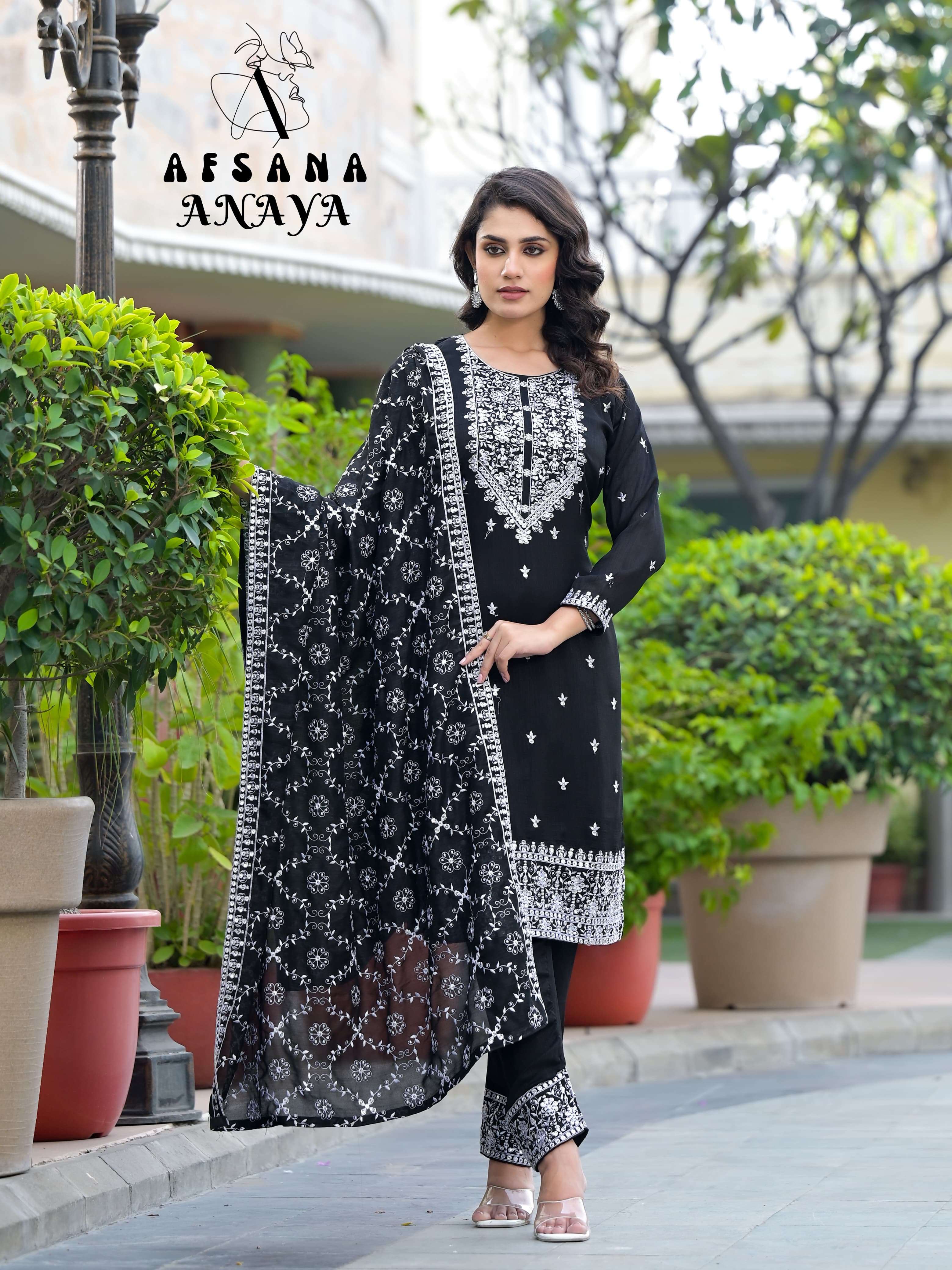 afsana anaya premium silk exclusive embroidery look top bottom with dupatta size set