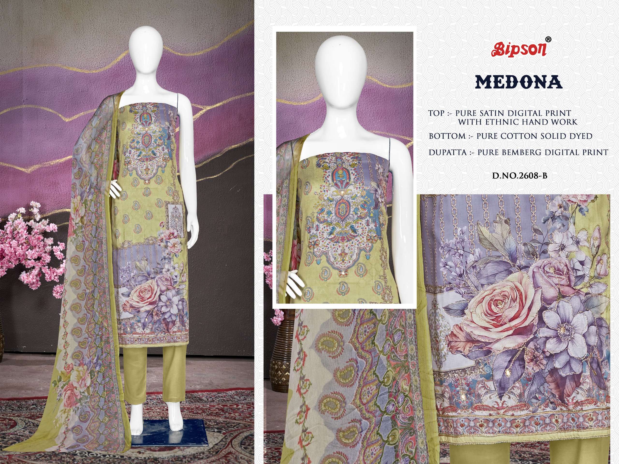 bipson medona 2608 satin regal look salwar suit catalog